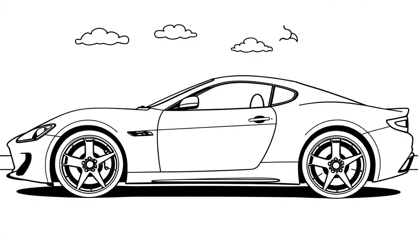 Eine Schwarz-Weiß-Farbtafel eines sportlichen Maserati-Autos mit stilisierter Wolken- und Vogeldekoration.