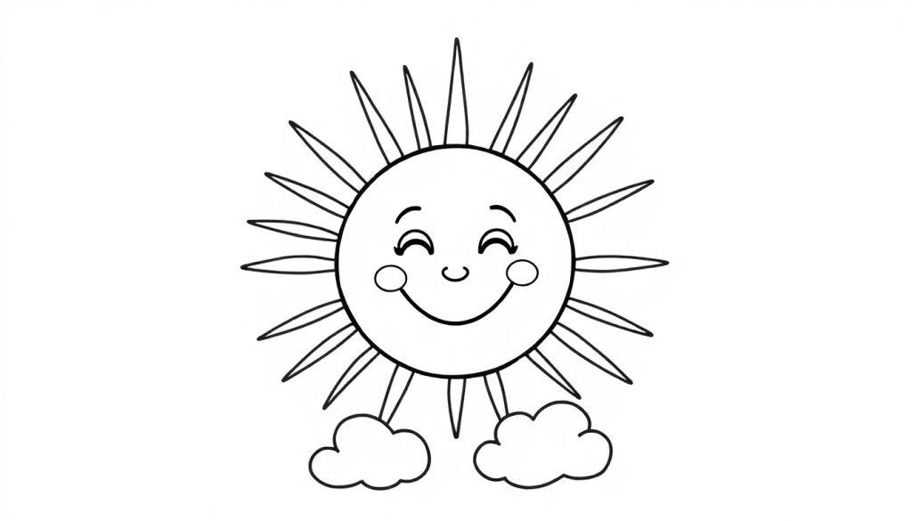 Eine Schwarz-Weiß-Farbtafel einer lächelnden Cartoon-Sonne mit geschlossenen Augen und Strahlen.