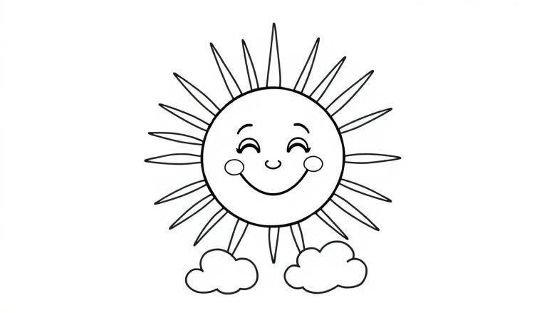 Eine Schwarz-Weiß-Farbtafel einer lächelnden Cartoon-Sonne mit geschlossenen Augen und Strahlen.
