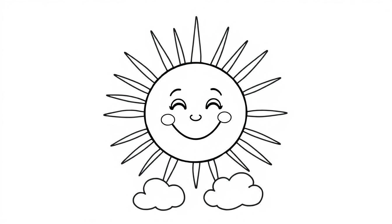 Eine Schwarz-Weiß-Farbtafel einer lächelnden Cartoon-Sonne mit geschlossenen Augen und Strahlen.