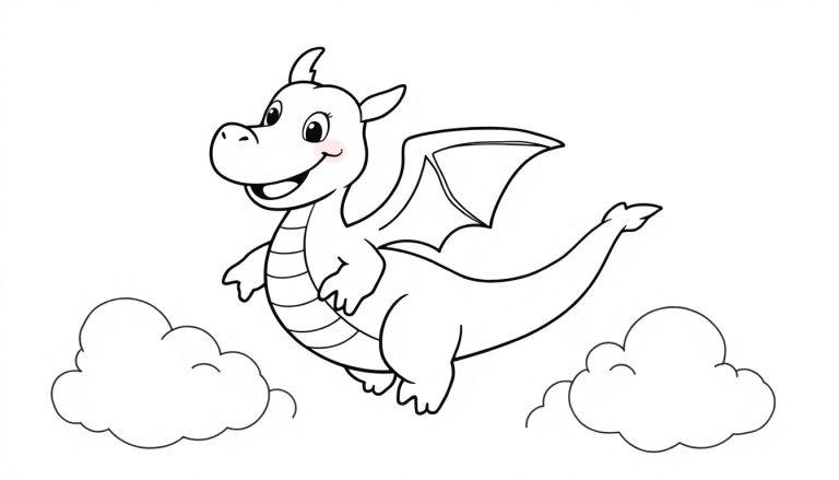 Schwarz-weißer Cartoon-Drache mit einem Lächeln, der vor Wolken fliegt, eine Farbtafel für Kinder.