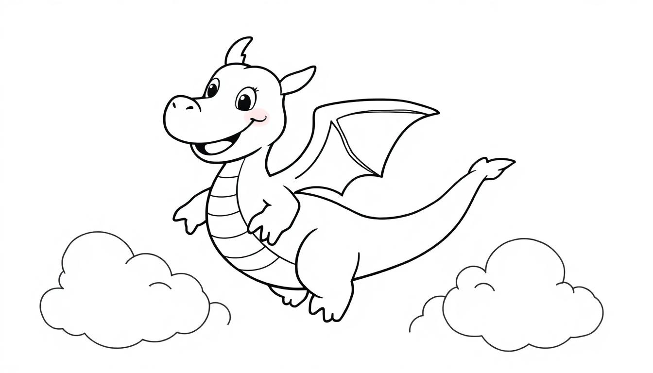 Schwarz-weißer Cartoon-Drache mit einem Lächeln, der vor Wolken fliegt, eine Farbtafel für Kinder.