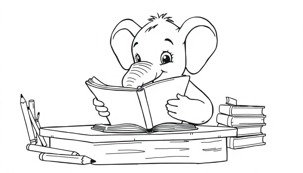 Schwarz-weiße Farbtafel eines niedlichen Elefanten, der konzentriert ein Buch liest, umgeben von Büchern und Bleistiften.