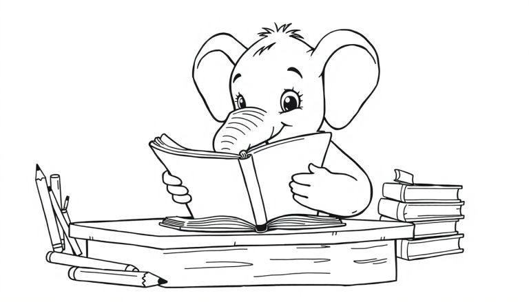 Schwarz-weiße Farbtafel eines niedlichen Elefanten, der konzentriert ein Buch liest, umgeben von Büchern und Bleistiften.