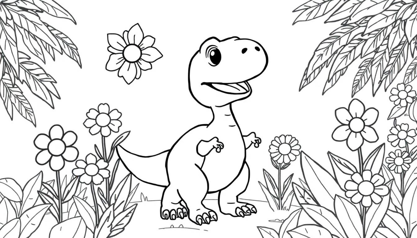 Ein freundlicher Dinosaurier mit lächelndem Maul steht inmitten von Blumen.