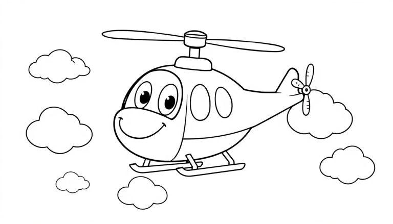 Eine Schwarz-Weiß-Farbtafel-Zeichnung eines lächelnden Cartoon-Hubschraubers, der zwischen Wolken fliegt.