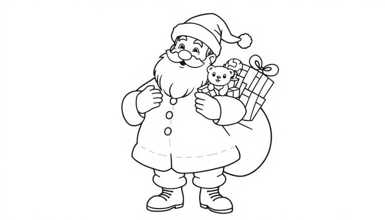 Schwarz-Weiß-Farbtafel-Ausmalbild von einem freundlichen Weihnachtsmann mit einem Teddybären und einem Geschenkesack.