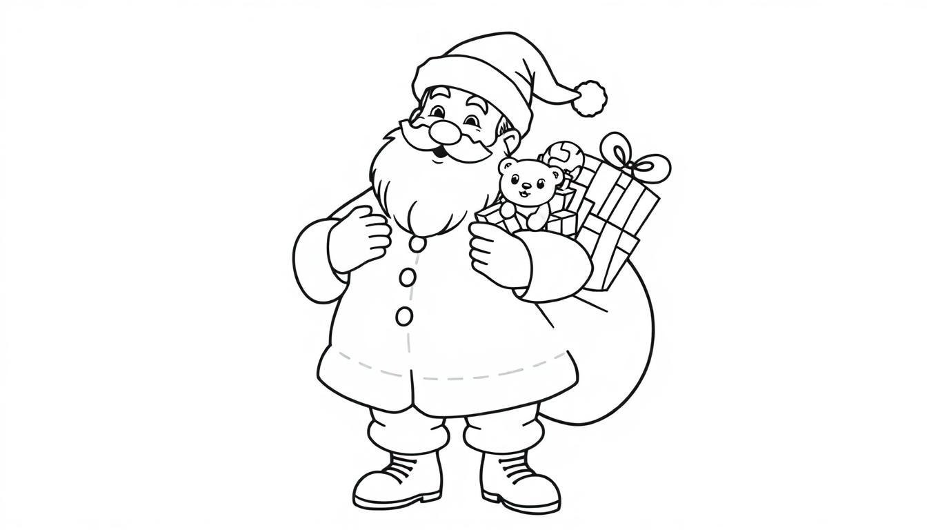 Schwarz-Weiß-Farbtafel-Ausmalbild von einem freundlichen Weihnachtsmann mit einem Teddybären und einem Geschenkesack.