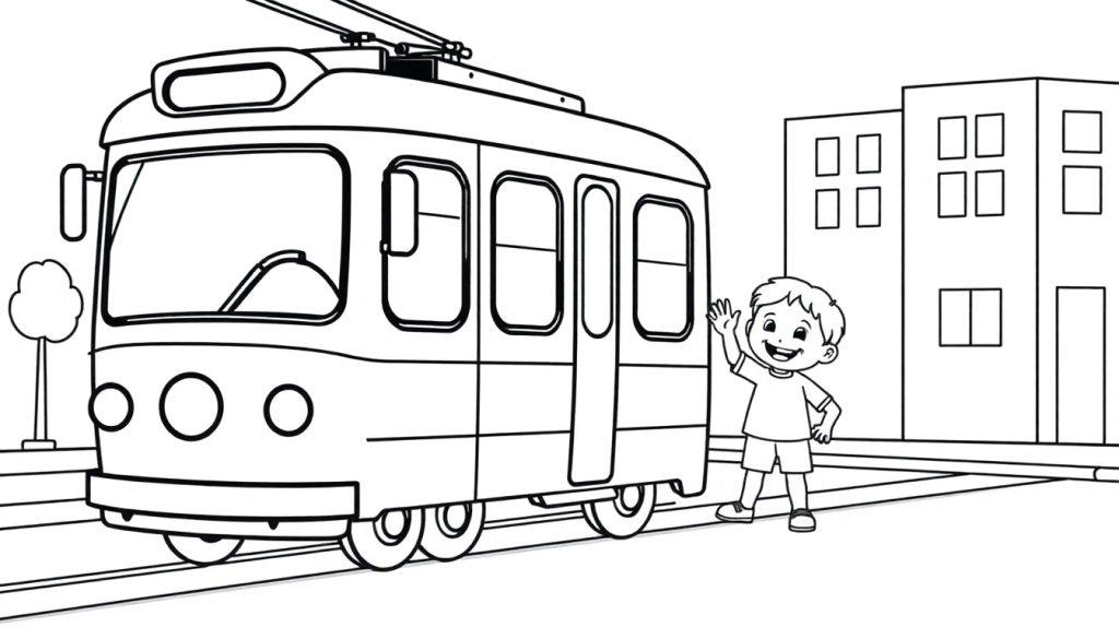 Eine Schwarz-Weiß-Farbtafel einer Straßenbahn mit einem winkenden Jungen und Gebäuden.