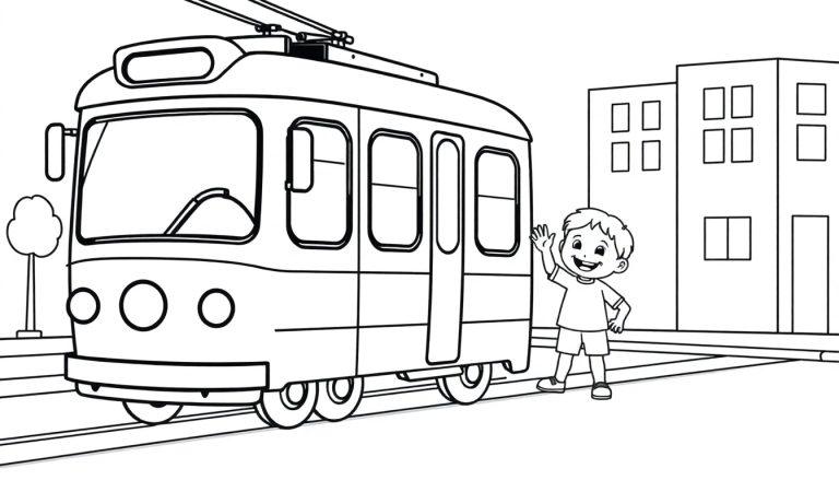 Eine Schwarz-Weiß-Farbtafel einer Straßenbahn mit einem winkenden Jungen und Gebäuden.