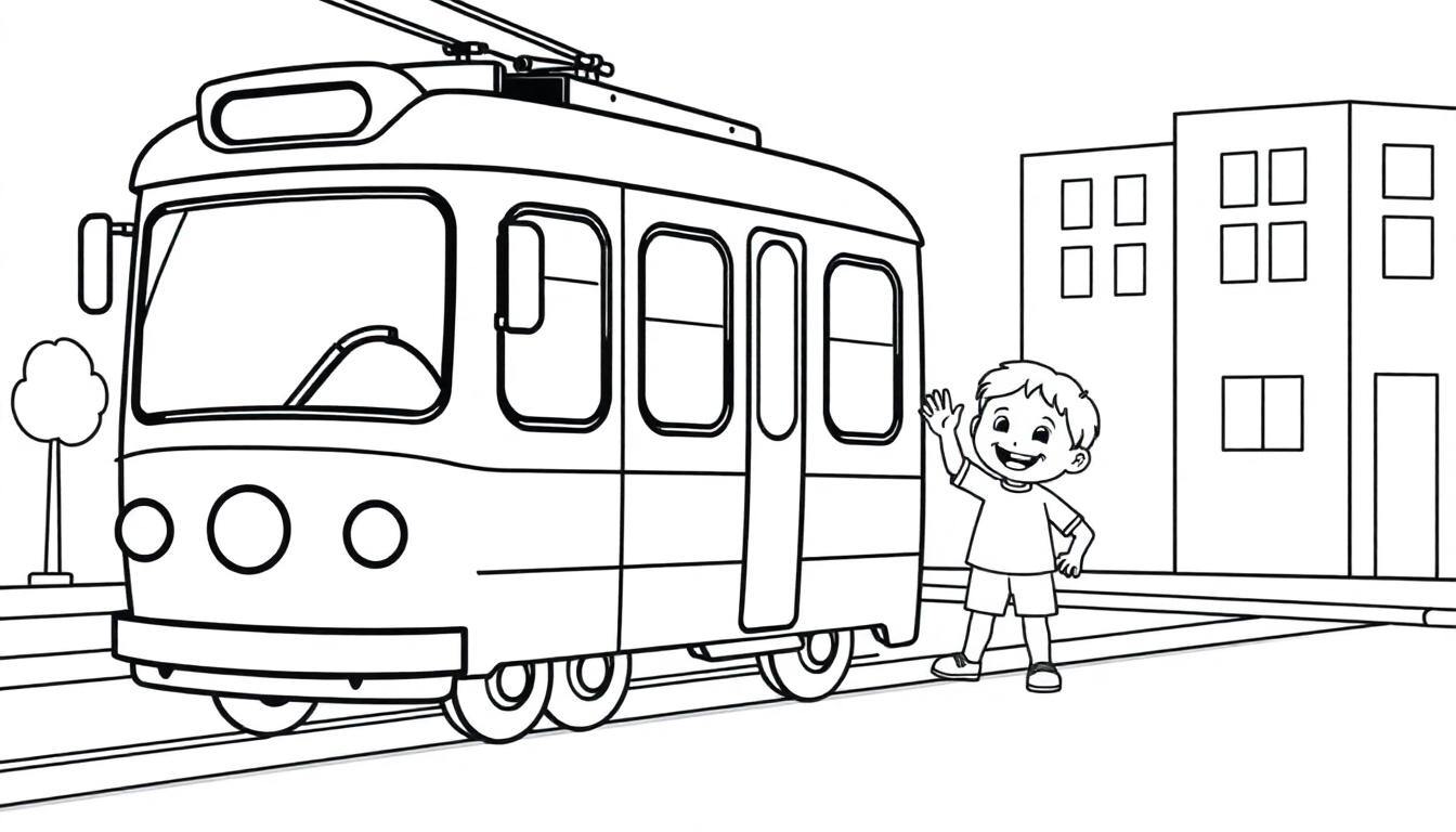 Eine Schwarz-Weiß-Farbtafel einer Straßenbahn mit einem winkenden Jungen und Gebäuden.