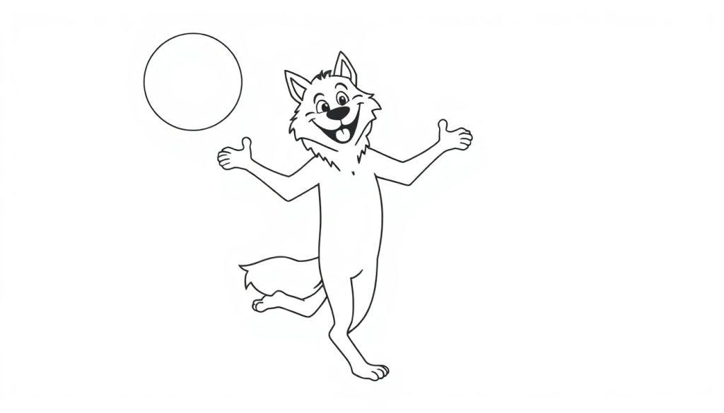 Eine Farbtafel-Zeichnung eines freundlichen Cartoon-Wolfs, der im Mondlicht mit ausgestreckten Armen tanzt, daneben eine schwebende Kugel.