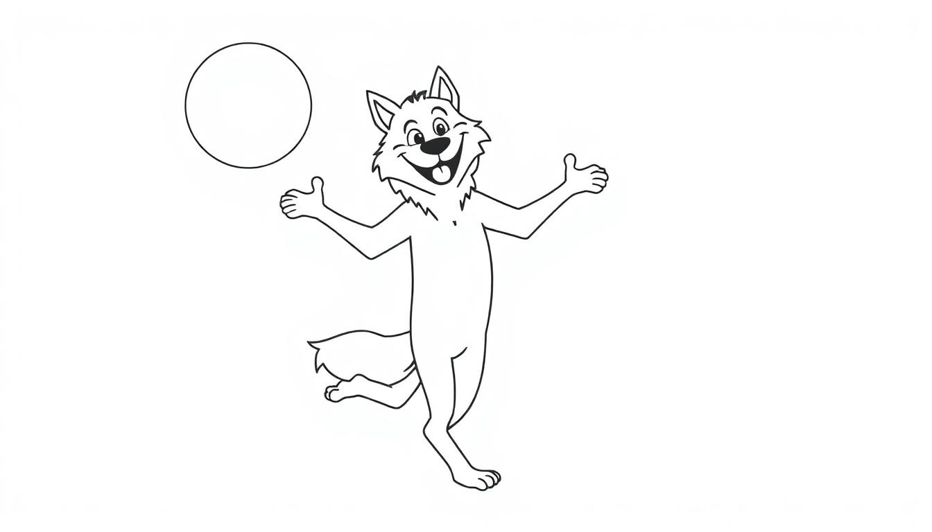 Eine Farbtafel-Zeichnung eines freundlichen Cartoon-Wolfs, der im Mondlicht mit ausgestreckten Armen tanzt, daneben eine schwebende Kugel.