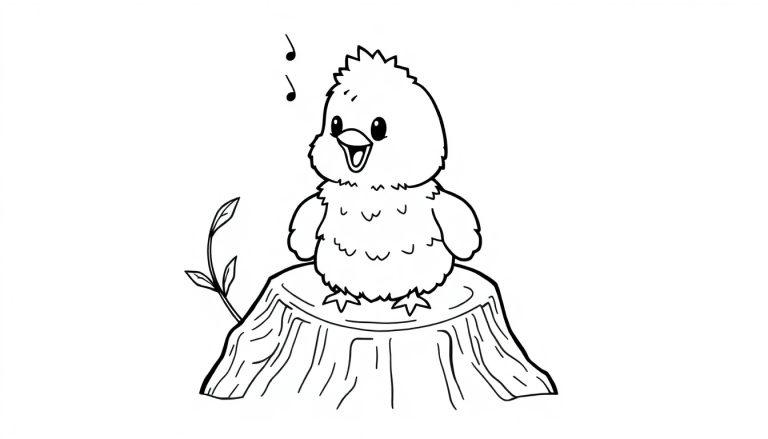Schwarz-weiß Farbtafel-Zeichnung eines kleinen, fröhlichen Vogels, der auf einem Baumstumpf sitzt und Noten in der Luft hat.