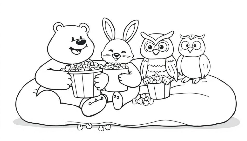 Eine schwarz-weiße Farbtafel mit einem Bären, einem Hasen und zwei Eulen, die auf einem riesigen Kissen sitzen und Popcorn essen.