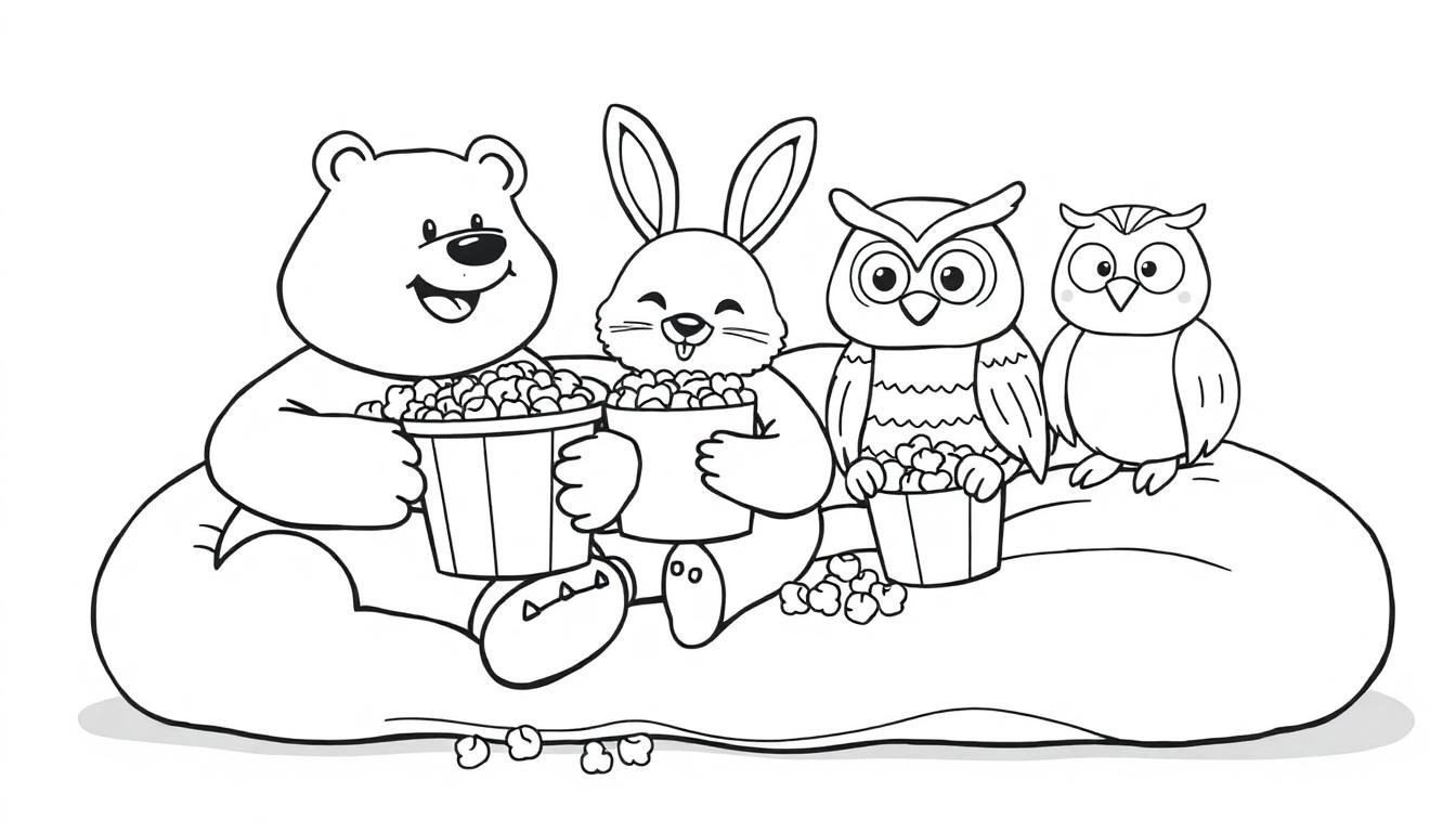 Eine schwarz-weiße Farbtafel mit einem Bären, einem Hasen und zwei Eulen, die auf einem riesigen Kissen sitzen und Popcorn essen.