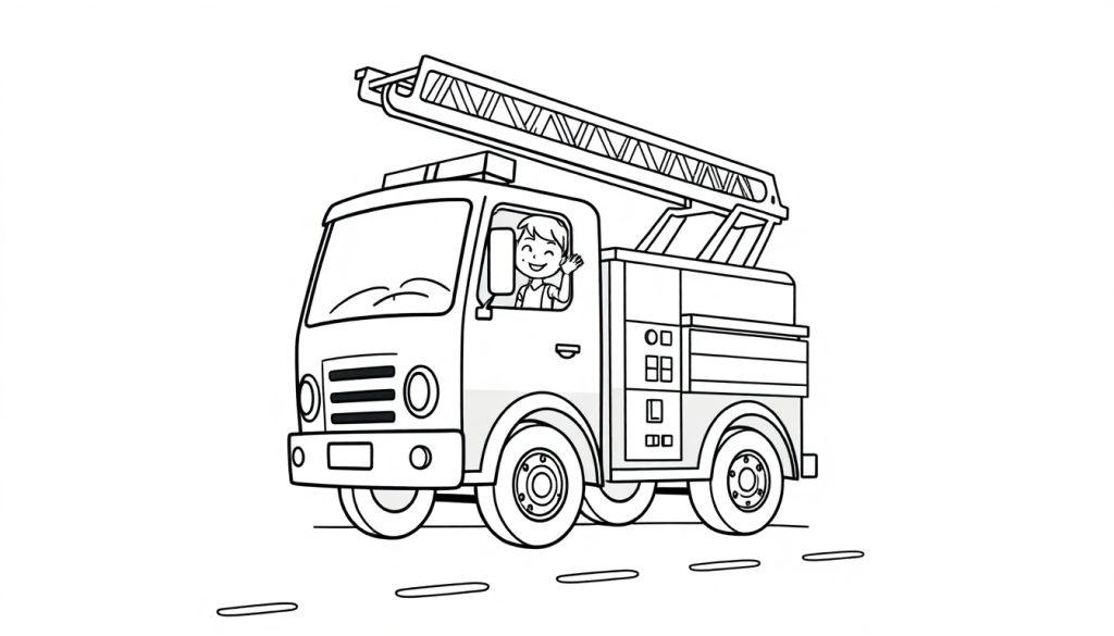 Schwarz-weiße Cartoon-Farbtafel eines Feuerwehrautos mit einer Leiter auf dem Dach und einem lächelnden Kind am Steuer, das winkt.