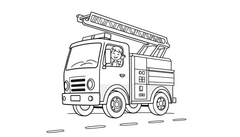 Schwarz-weiße Cartoon-Farbtafel eines Feuerwehrautos mit einer Leiter auf dem Dach und einem lächelnden Kind am Steuer, das winkt.