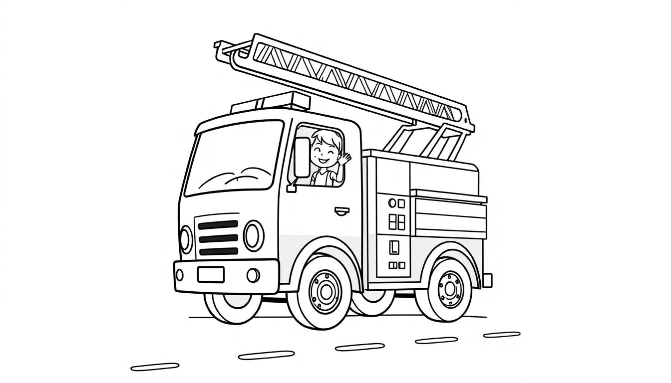 Schwarz-weiße Cartoon-Farbtafel eines Feuerwehrautos mit einer Leiter auf dem Dach und einem lächelnden Kind am Steuer, das winkt.