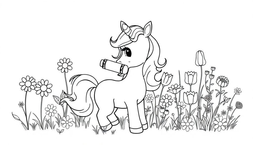Eine Schwarz-Weiß-Farbtafel eines niedlichen Cartoon-Einhorns mit einem Wachsmalstift im Maul, umgeben von Blumen.