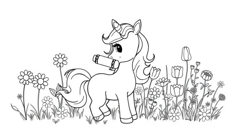 Eine Schwarz-Weiß-Farbtafel eines niedlichen Cartoon-Einhorns mit einem Wachsmalstift im Maul, umgeben von Blumen.