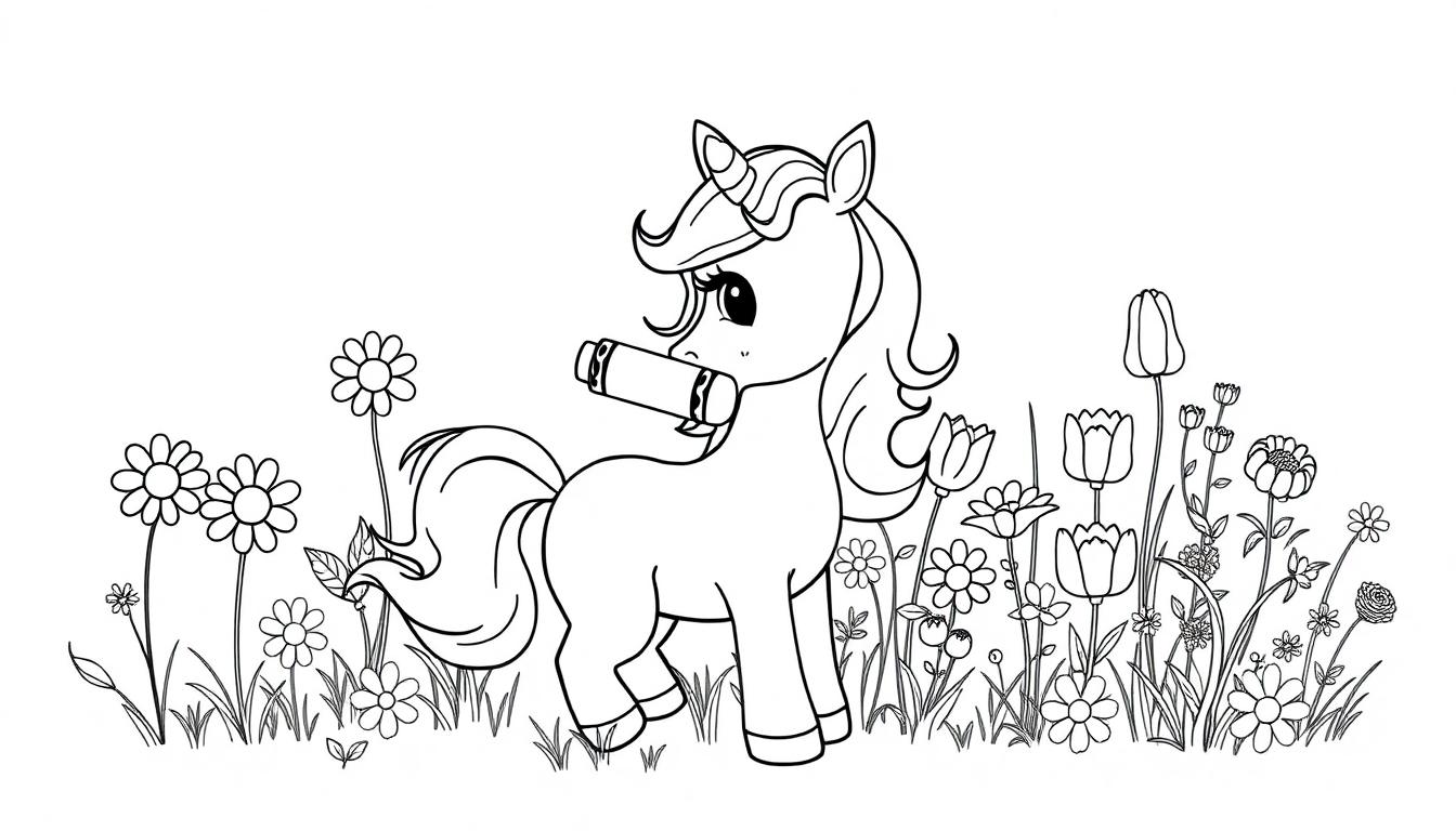 Eine Schwarz-Weiß-Farbtafel eines niedlichen Cartoon-Einhorns mit einem Wachsmalstift im Maul, umgeben von Blumen.