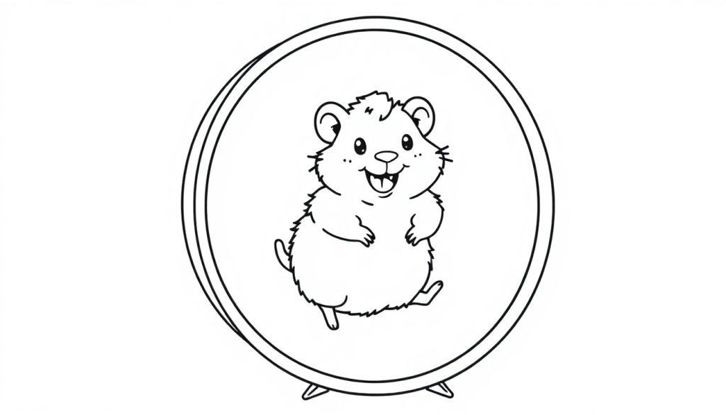 Eine Schwarz-Weiß-Farbtafel eines niedlichen Cartoon-Hamsters, der in einem Hamsterrad läuft.