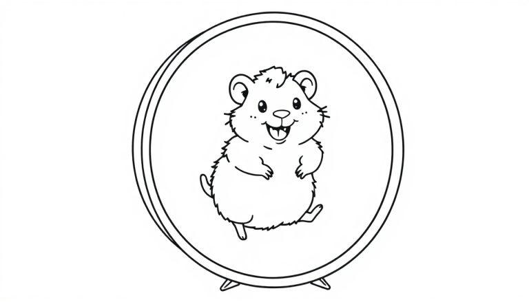 Eine Schwarz-Weiß-Farbtafel eines niedlichen Cartoon-Hamsters, der in einem Hamsterrad läuft.