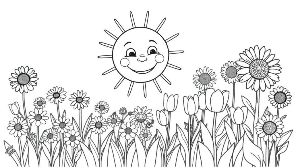 Eine Schwarz-Weiß-Farbtafel einer fröhlichen Sonne mit Strahlen über einer Blumenwiese mit Gänseblümchen und Tulpen.