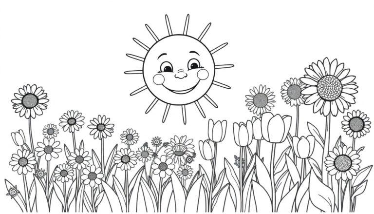 Eine Schwarz-Weiß-Farbtafel einer fröhlichen Sonne mit Strahlen über einer Blumenwiese mit Gänseblümchen und Tulpen.