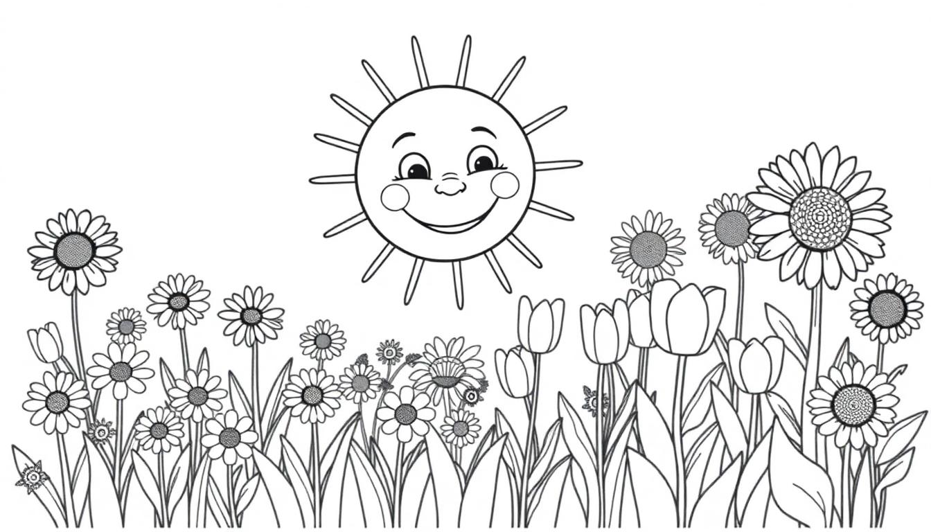 Eine Schwarz-Weiß-Farbtafel einer fröhlichen Sonne mit Strahlen über einer Blumenwiese mit Gänseblümchen und Tulpen.