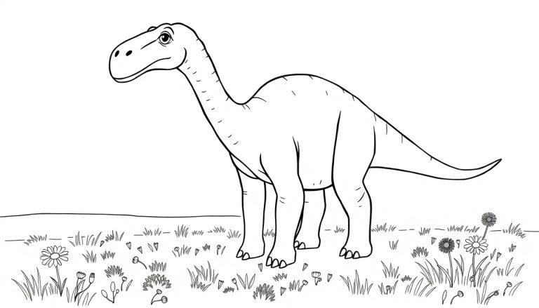 Schwarz-Weiß-Farbtafel-Zeichnung eines freundlichen, langen Dinosauriers mit einem sanften Gesicht.