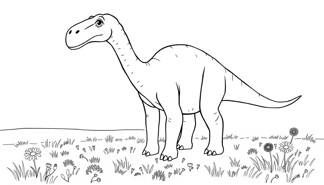 Schwarz-Weiß-Farbtafel-Zeichnung eines freundlichen, langen Dinosauriers mit einem sanften Gesicht.