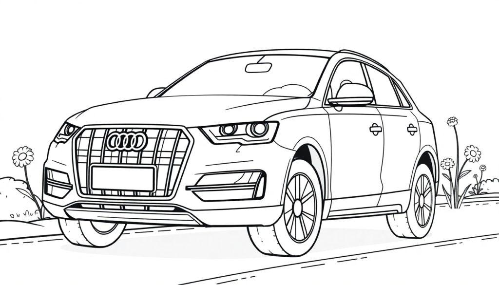 Schwarz-weiße Farbtafel eines Audi Q3 auf einer Straße mit Blumen.