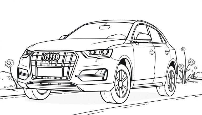 Schwarz-weiße Farbtafel eines Audi Q3 auf einer Straße mit Blumen.