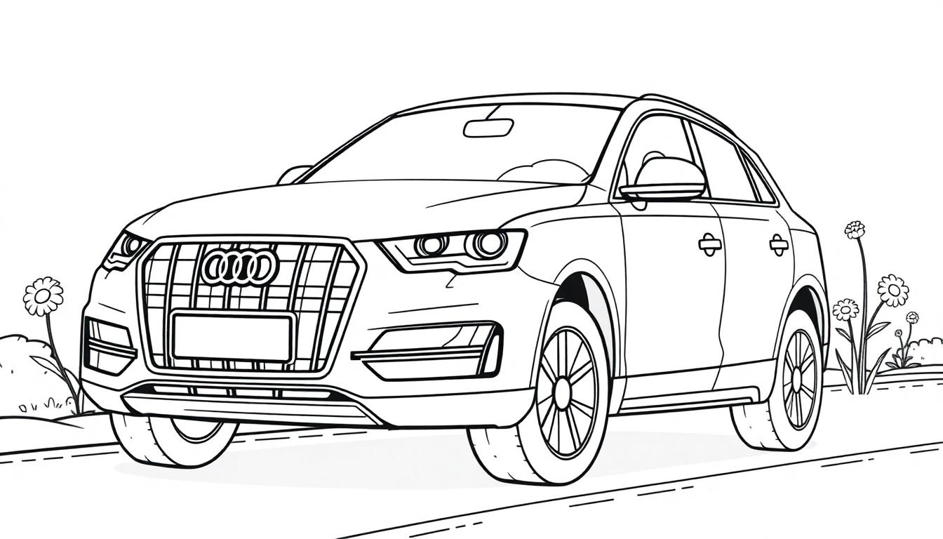 Schwarz-weiße Farbtafel eines Audi Q3 auf einer Straße mit Blumen.