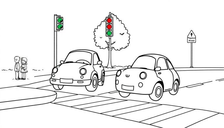 Schwarz-weiße Farbtafel: Eine Straße mit zwei Autos, einem Jungen und einem Mädchen am Straßenrand, Ampeln und einem Spielplatzschild. Kinder lernen auf dem Zebrastreifen zu achten.