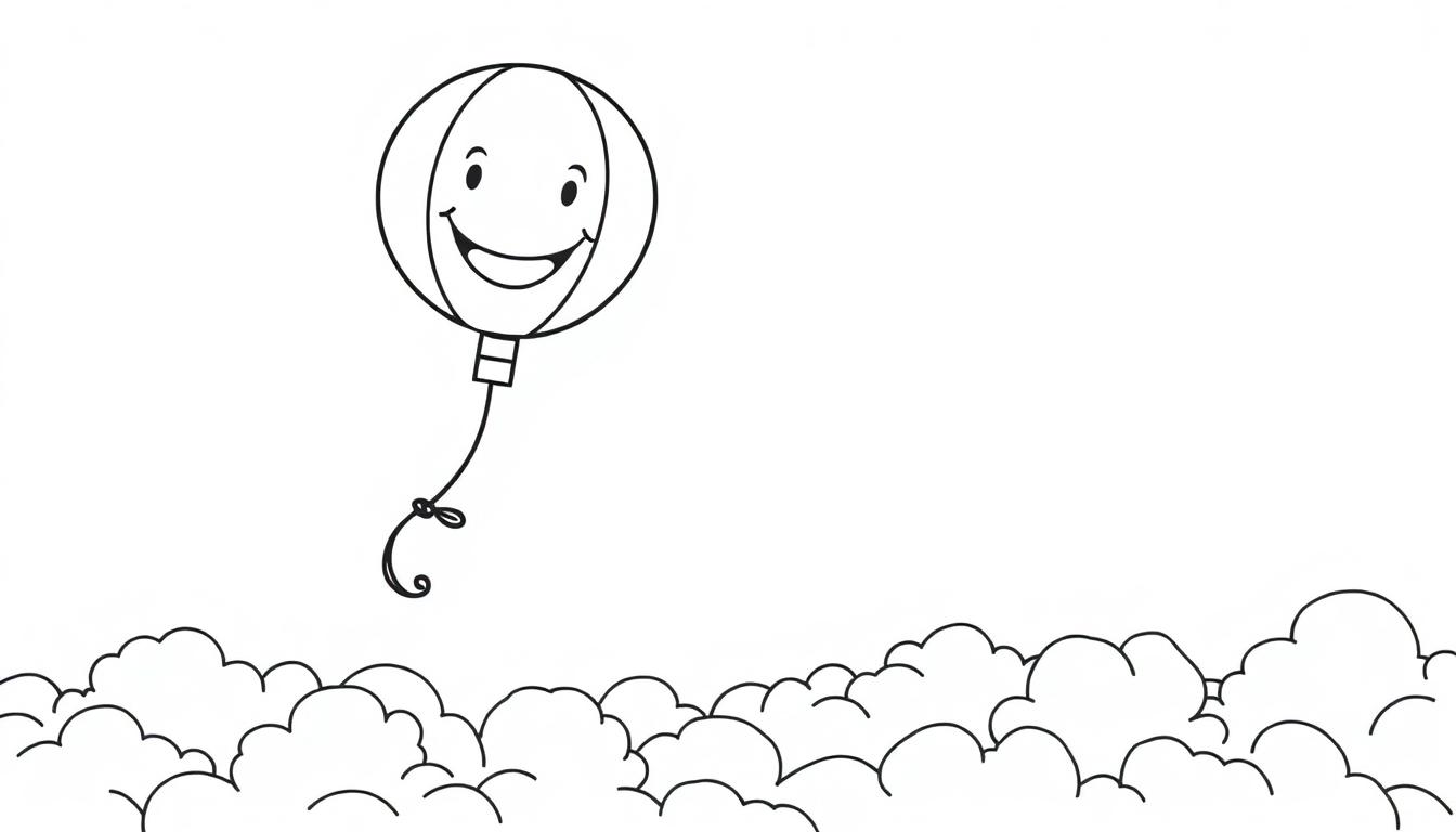 Ein lächelnder Ballon schwebt über Wolken.