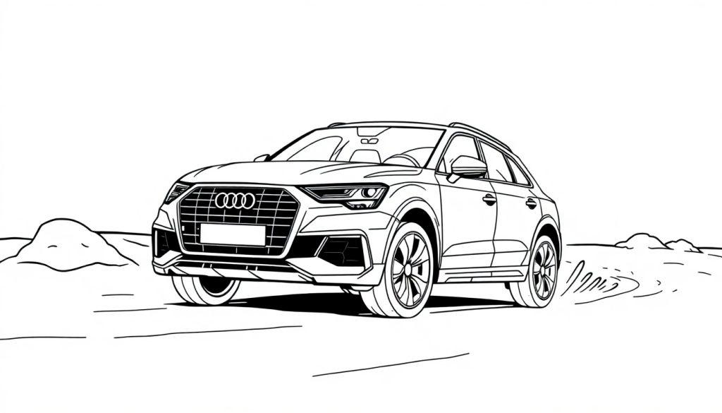 Eine schwarz-weisse Farbtafel eines Audi SUV im Gelände.