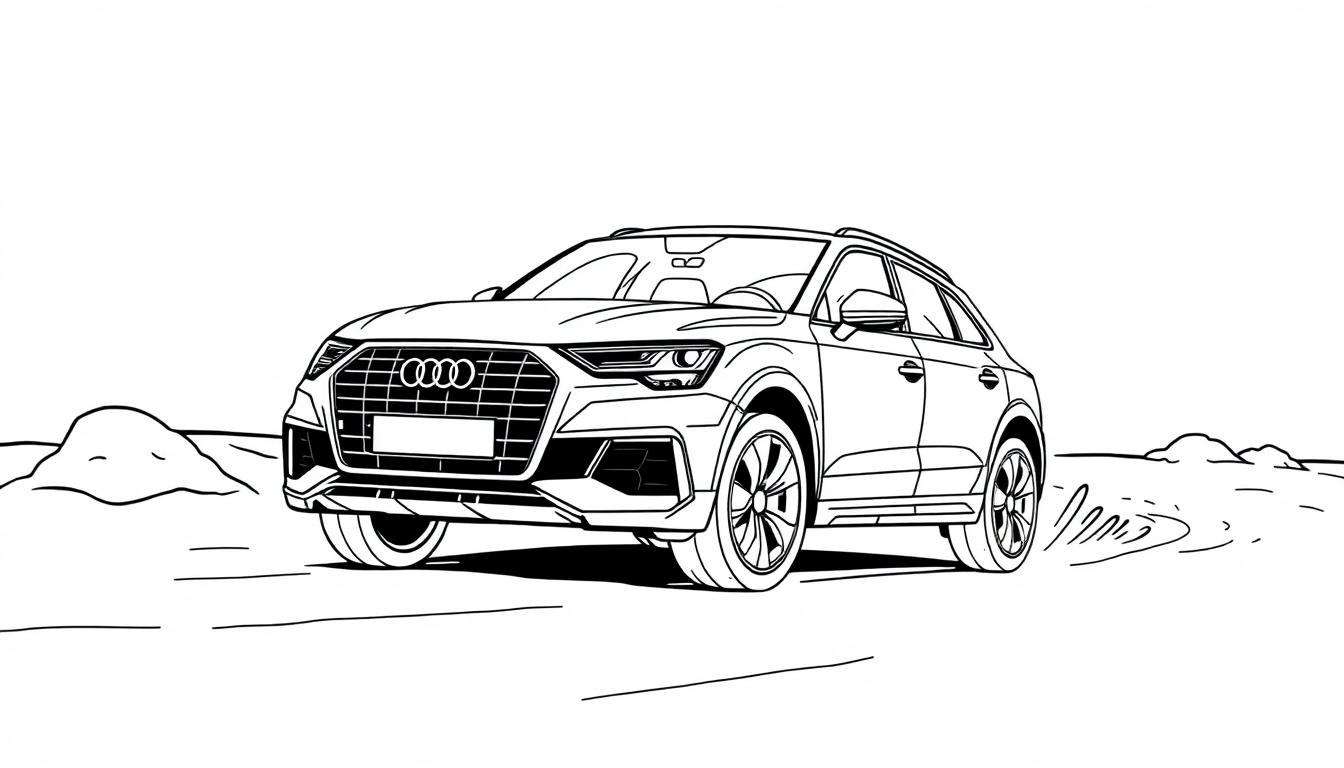 Eine schwarz-weisse Farbtafel eines Audi SUV im Gelände.