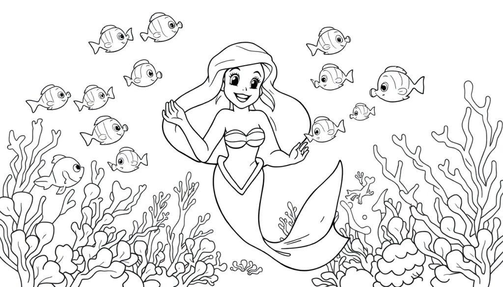 Eine Schwarz-Weiß-Farbtafel von Arielle, der Meerjungfrau, die mit kleinen Fischen zwischen Korallen schwimmt.