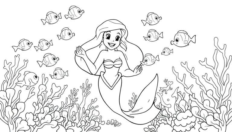 Eine Schwarz-Weiß-Farbtafel von Arielle, der Meerjungfrau, die mit kleinen Fischen zwischen Korallen schwimmt.