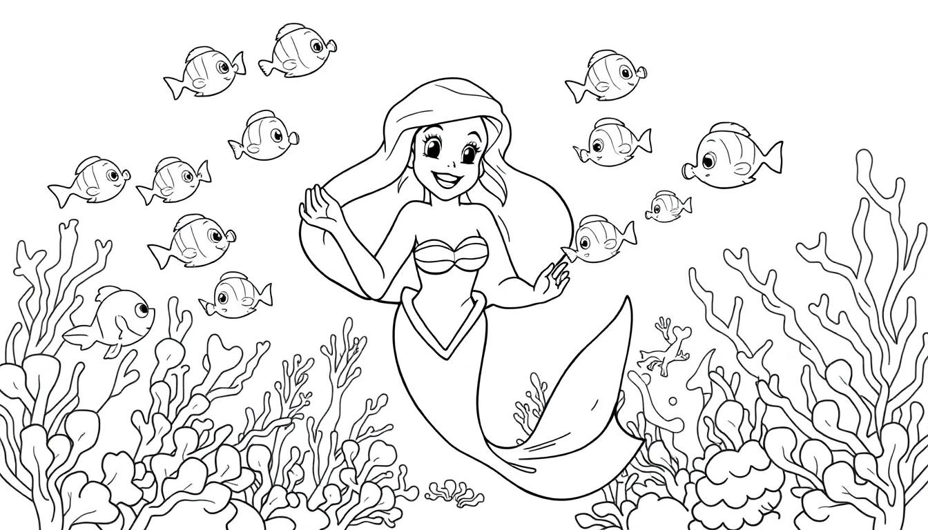 Eine Schwarz-Weiß-Farbtafel von Arielle, der Meerjungfrau, die mit kleinen Fischen zwischen Korallen schwimmt.