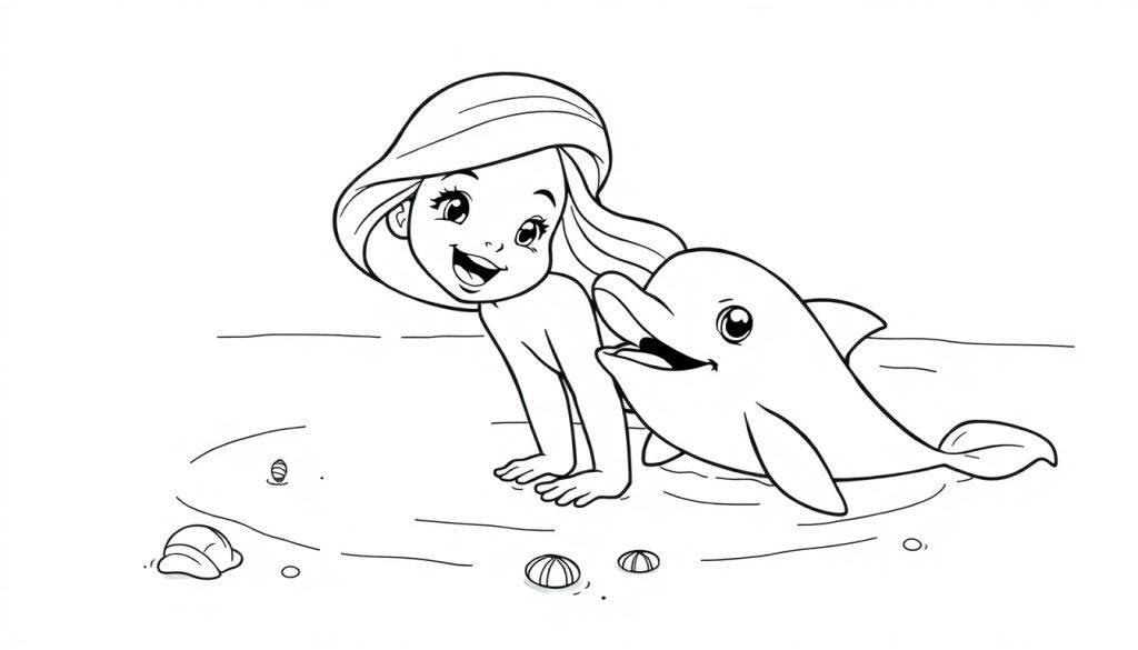 Schwarz-weiß Farbtafel einer lachenden Meerjungfrau, die neben einem lachenden Delfin auf einem Strand sitzt.