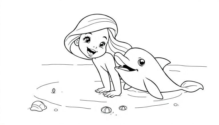 Schwarz-weiß Farbtafel einer lachenden Meerjungfrau, die neben einem lachenden Delfin auf einem Strand sitzt.
