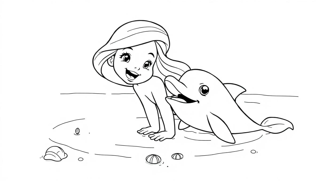 Schwarz-weiß Farbtafel einer lachenden Meerjungfrau, die neben einem lachenden Delfin auf einem Strand sitzt.