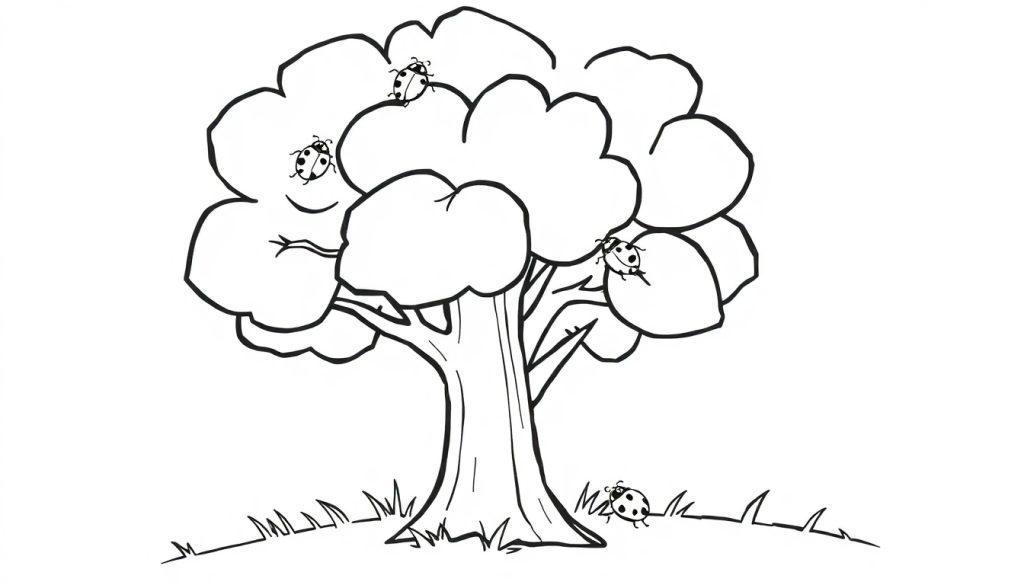 Eine einfache Farbtafel-Zeichnung eines Cartoon-Baumes mit vielen runden Blättern und vier Marienkäfern, wobei einer auf dem Boden in der Nähe des Baumes sitzt.
