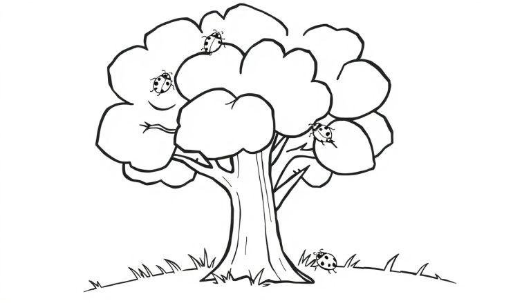Eine einfache Farbtafel-Zeichnung eines Cartoon-Baumes mit vielen runden Blättern und vier Marienkäfern, wobei einer auf dem Boden in der Nähe des Baumes sitzt.