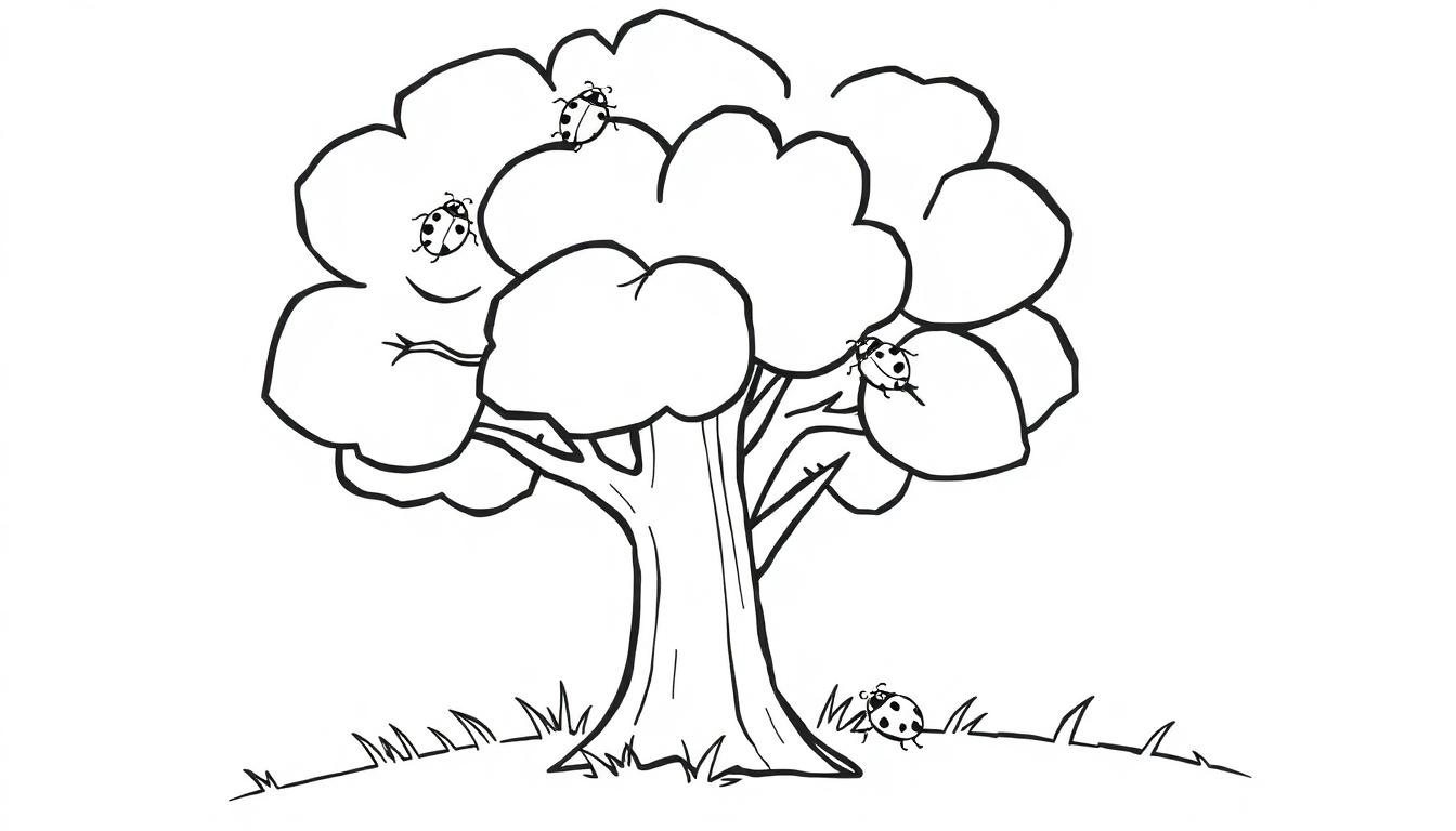 Eine einfache Farbtafel-Zeichnung eines Cartoon-Baumes mit vielen runden Blättern und vier Marienkäfern, wobei einer auf dem Boden in der Nähe des Baumes sitzt.