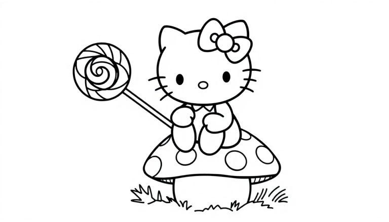 Farbtafel von Hello Kitty auf einem Fliegenpilz mit einem Lolli.